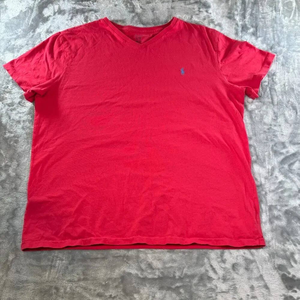 olo Ralph Lauren T Shirt Mens XL Red V Neck Blue Pony Embroidered Short Sleeve
